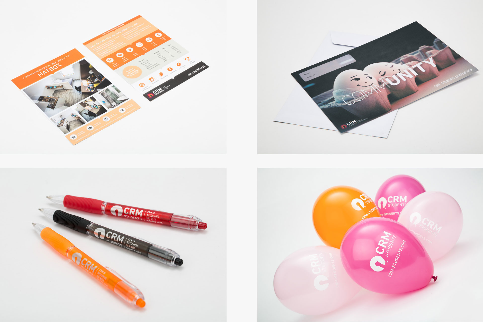 CRM merchandise: flyers, postcards, pens and balloons