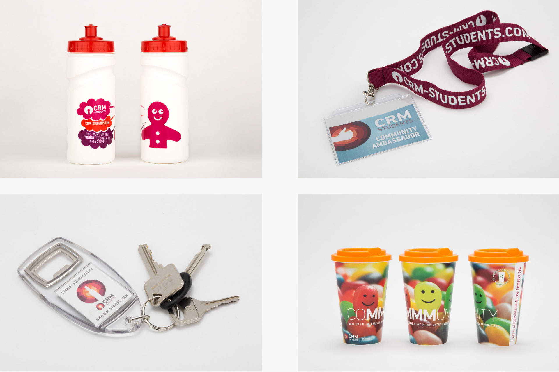 CRM Students merchandise: water bottles, coffee mugs, keyrings and lanyards